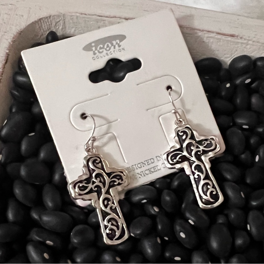 Silvertone Scroll Cross Earring